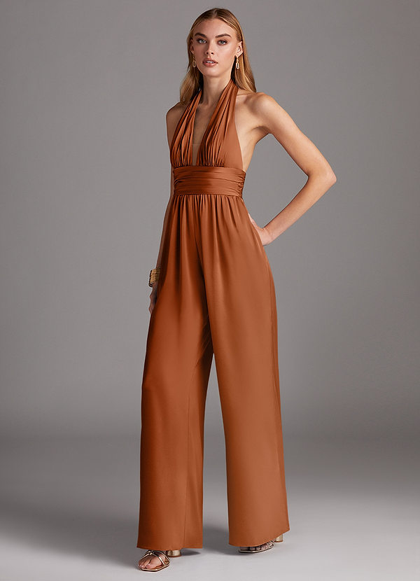 Azazie Oli Bridesmaid Dresses Copper Pleated Stretch Satin Jumpsuit image1