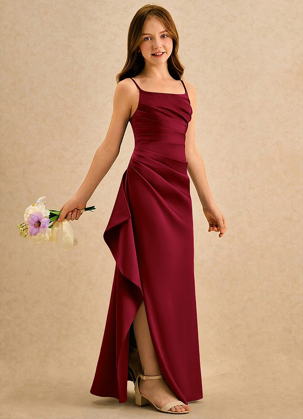 Azazie Cannoli Girls Formal Blomsterpigekjoler A-Line Plisseret Mat satin Gulv-længde Kjole image1