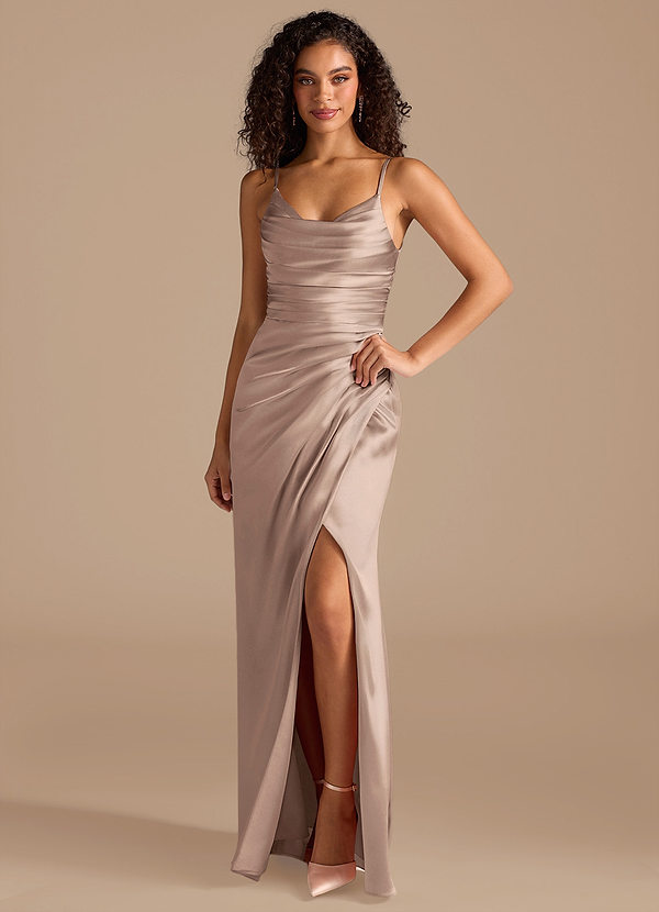 Azazie Deandra Bridesmaid Dresses Taupe Mermaid Pleated Metallic Satin Dress image1