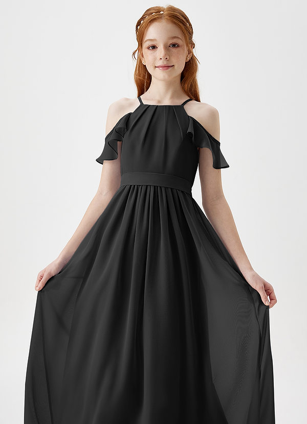 Azazie Chaya Junior Black A-Line Off the Shoulder Chiffon Dress image1