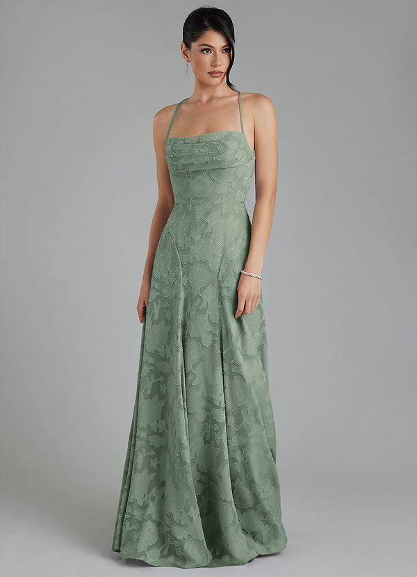 Azazie Tatum Robes de demoiselle d'honneur Robe Trapèze en Blumen-Burnout Corset Matcha image1