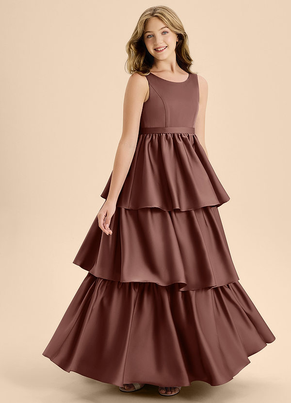Azazie Meadowyn Junior Espresso A-Line Bow Stretch Satin Dress image1
