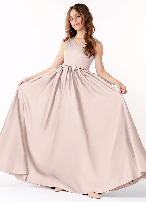 Azazie Hathaway Junior Vestido Rosa Corado de Cetim elástico de Linha A com Arco image1