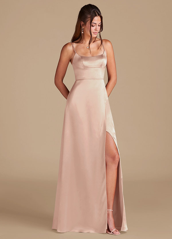 Azazie Halsey Bridesmaid Dresses English Rose A-Line Side Slit Metallic Satin Dress image1