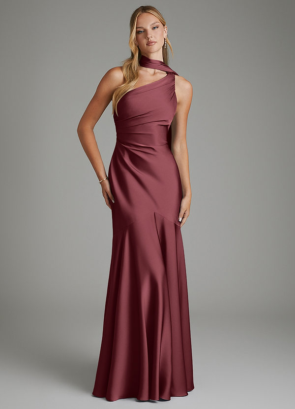 Amara Bridesmaid Dresses Merlot Mermaid One Shoulder Stretch Satin Dress image1