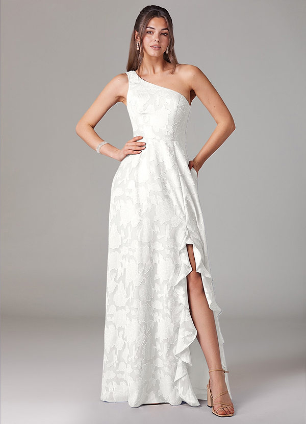 Azazie Ellianna Bridesmaid Dresses White A-Line One Shoulder Floral Burnout Dress image1