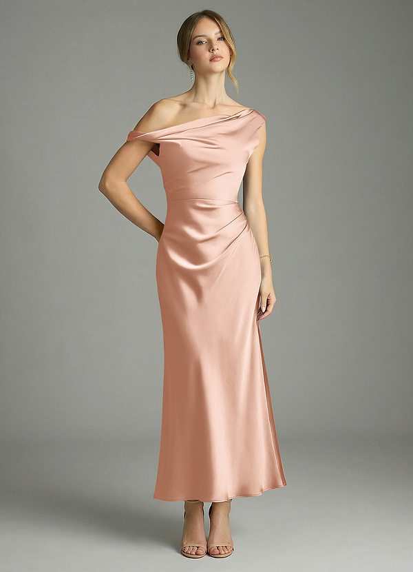 Azazie Emerson 신부 들러리 드레스 인어 오프 더 숄더 스트레치 새틴 발목 길이 드레스 image1