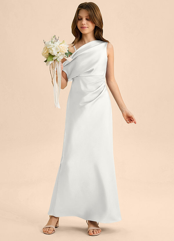 Azazie Emerson Junior Robe Fourreau en Satin extensible Épaule décolletée Blanc image1