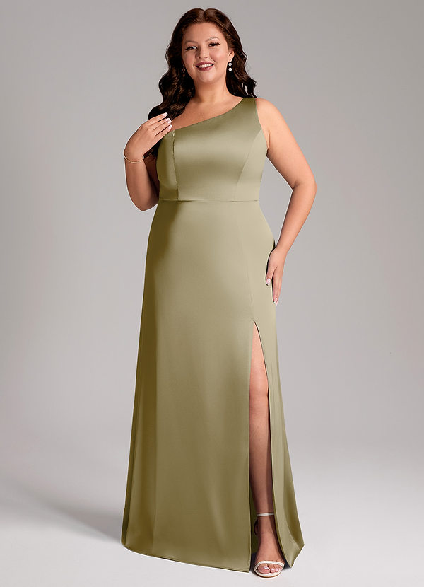 Azazie Phaedra Bridesmaid Dresses Moss Green A-Line One Shoulder Stretch Satin Dress image1