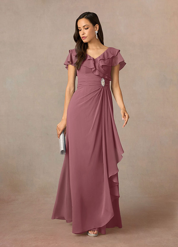 Azazie Snapdragon Robes de mère de la mariée Robe Trapèze en Mousseline de soie Col en V froncé Rose Du Désert image1