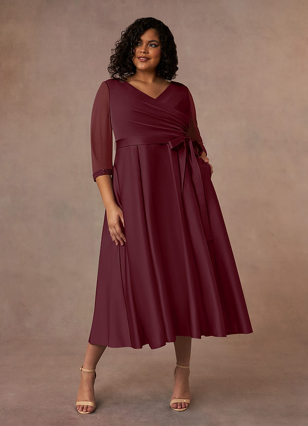 Azazie Maritza Mother of the Brides Dresses Cabernet A-Line Pleated Matte Satin Dress image1