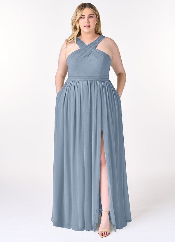 Azazie Elvira Bridesmaid Dresses Dusty Blue A-Line Pleated Chiffon Dress image1