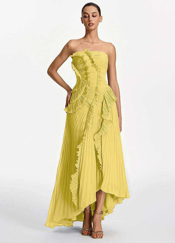 Chrysanthe Pastel Yellow Strapless Pleated Chiffon Maxi Dress image1