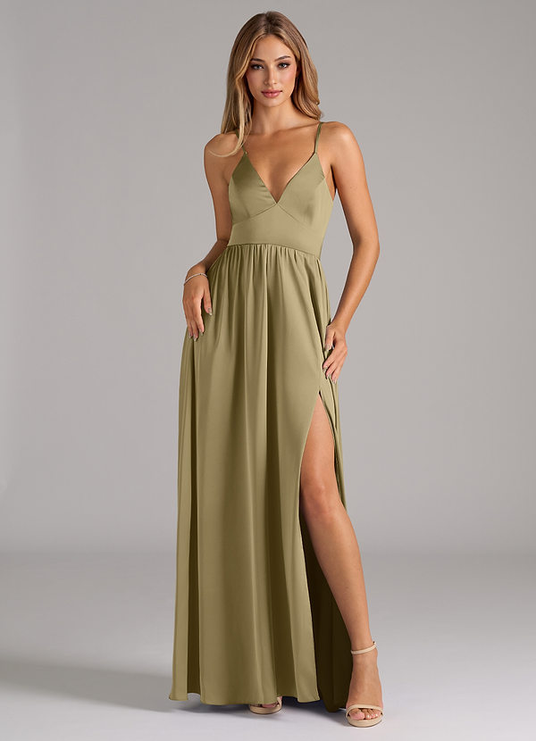 Azazie Aaida Robes de demoiselle d'honneur Robe Trapèze en Satin extensible Corset Vert Mousse image1