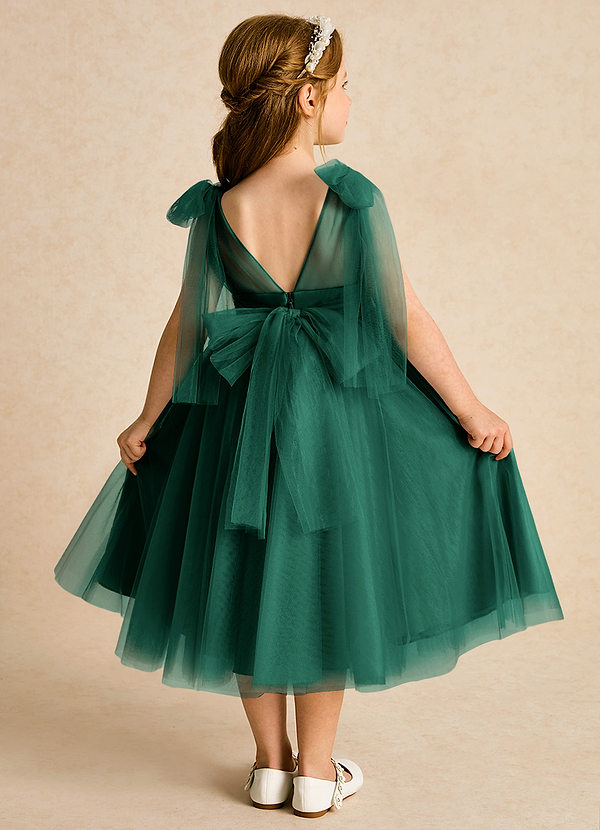 Azazie Dori Robes de Fillette d'Honneur Robe Trapèze en Tulle Rayé émeraude image1