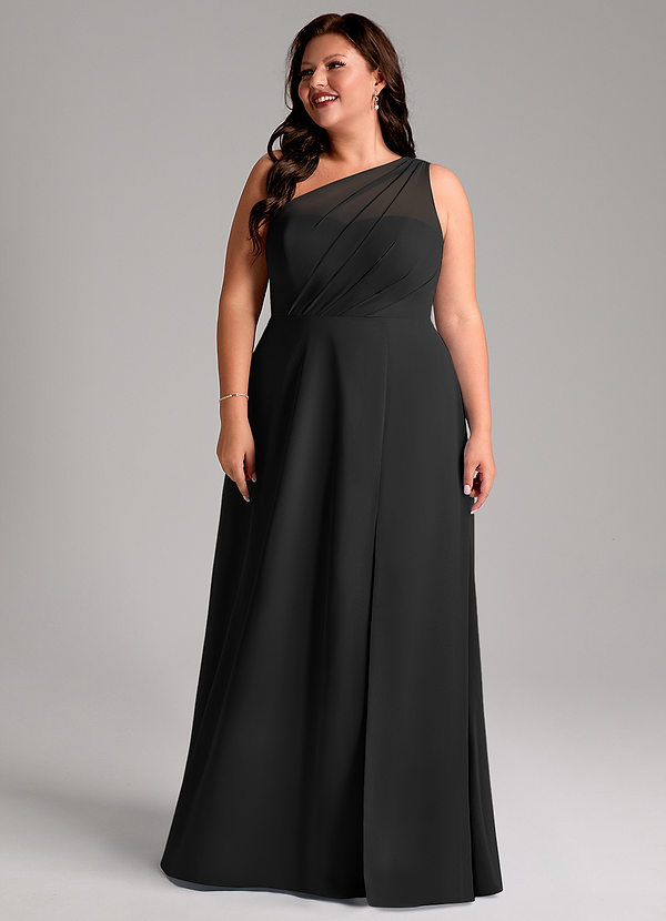 Azazie Phaedra Robes de demoiselle d'honneur Robe Trapèze en Mousseline de soie Asymétrique Noir image1