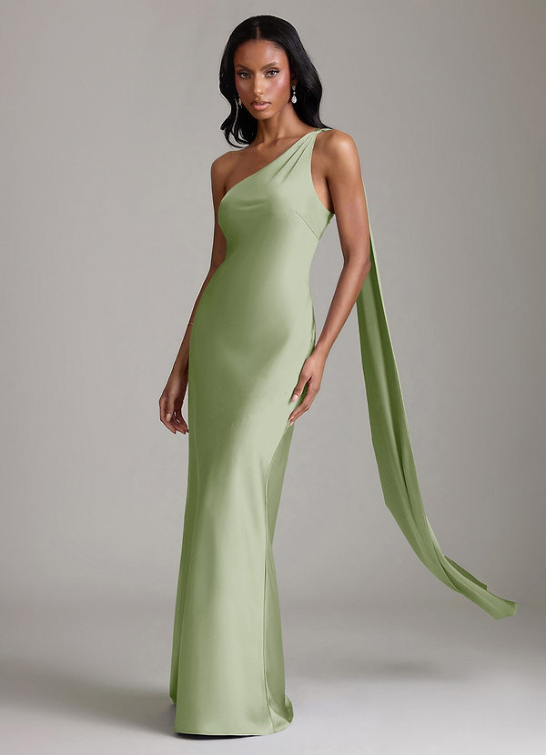 Azazie Galinda Suknie dla druhen Syrena Jedno ramię Satyna elastyczna Do ziemi Sukienka image1