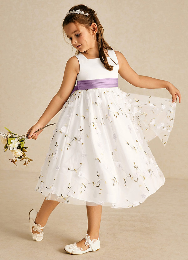 Azazie Pollie Flower Girl Dresses Ivory Wisteria A-Line Bow Tulle Dress image1