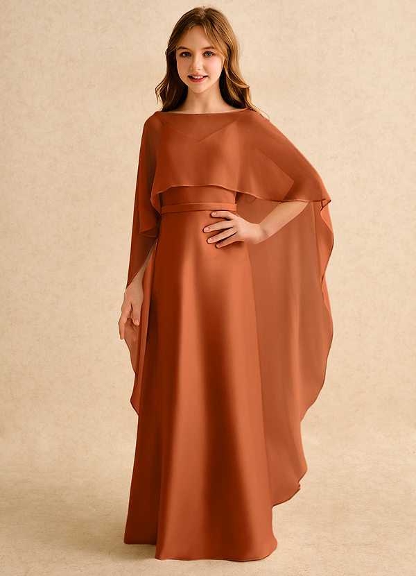 Azazie Fishie Girls Formal Robes de Fillette d'Honneur Robe Trapèze en Mat Satiné Orange Brûlée image1