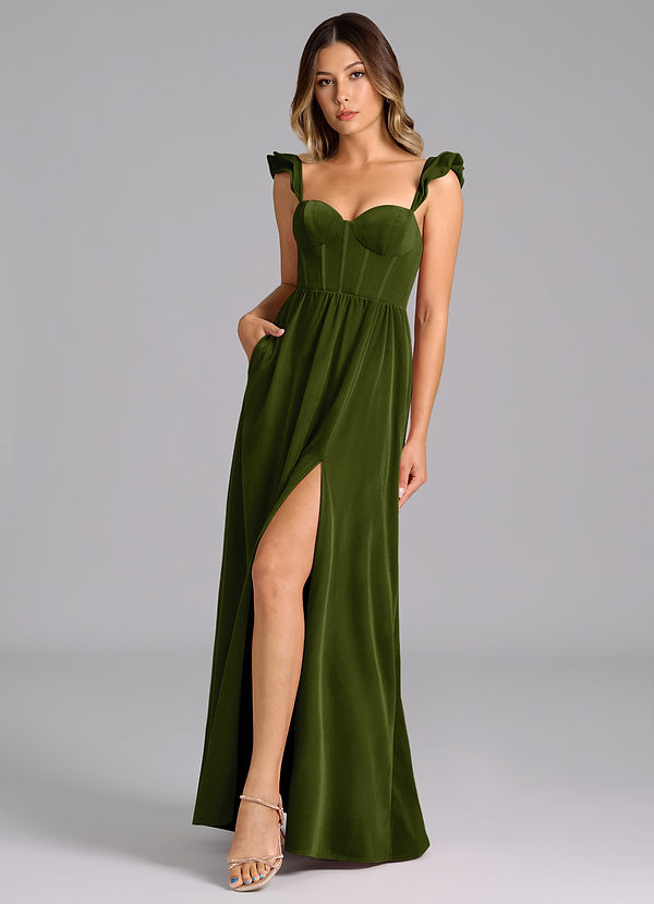 Azazie Denisse Bridesmaid Dresses Olive A-Line Ruched Velvet Dress image1