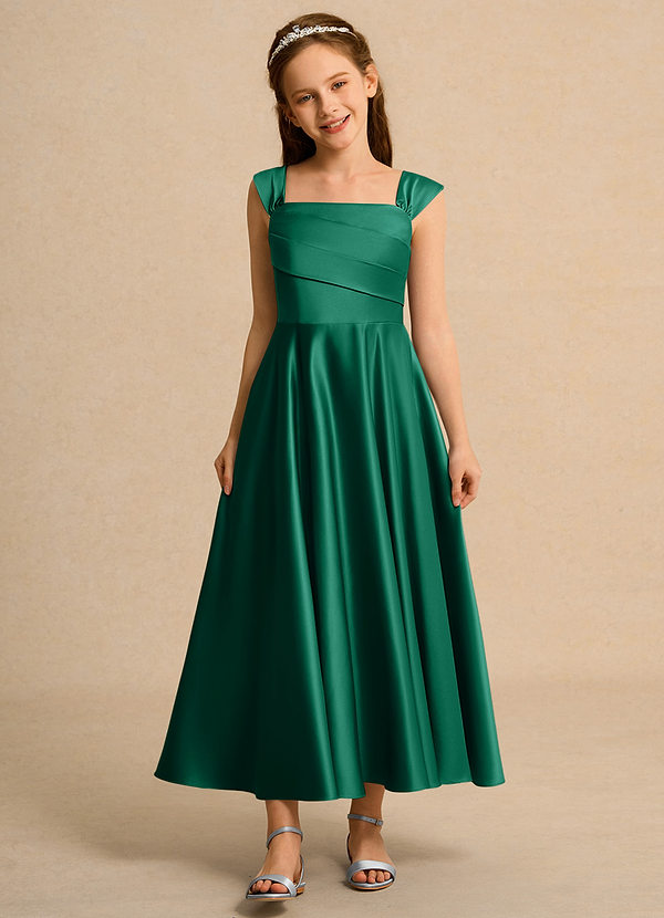 Azazie Bundle Junior Formal Bloemenmeisjes Jurken A-Lijn Jurk van Mat Satijn Geplooid Smaragd image1