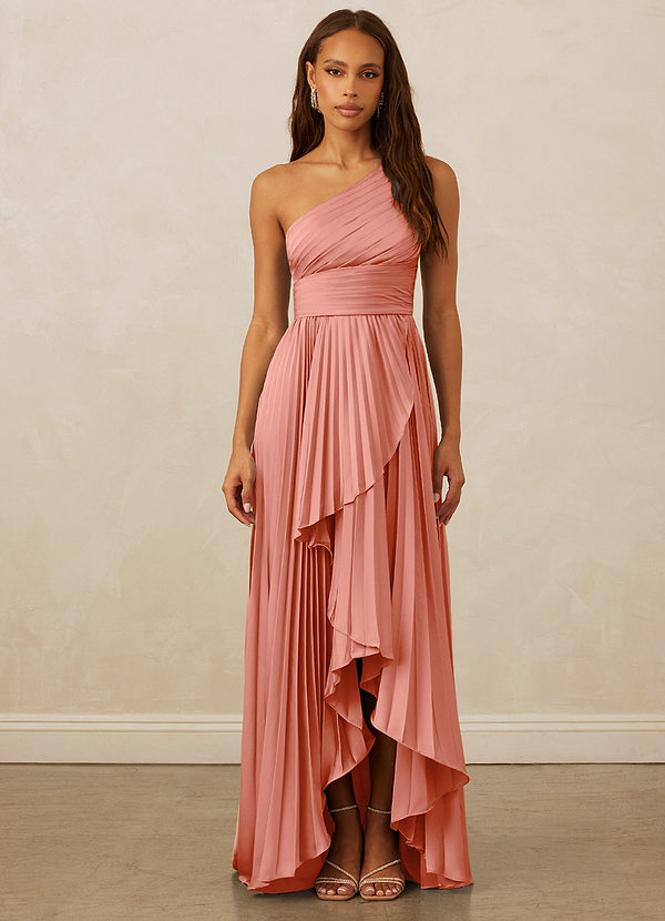 Christian Siriano Bridal for Azazie 1008 Robes Demoiselle d'honneur Robe Trapèze en Satin extensible Ue épaule Corail image1