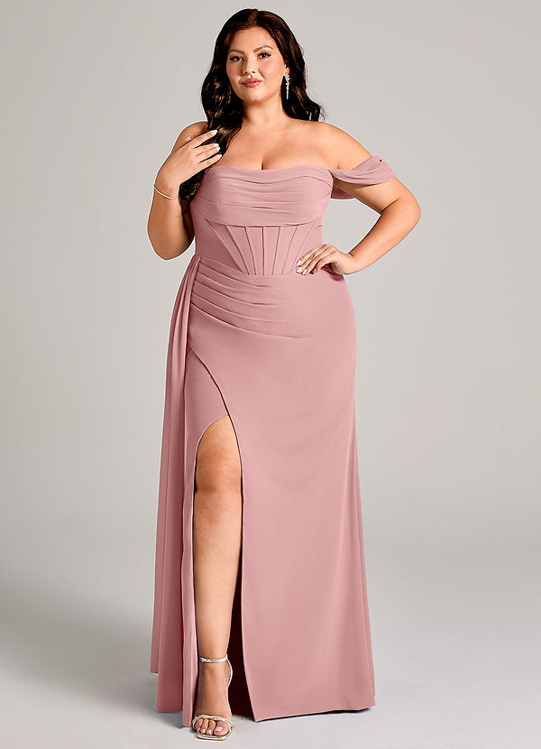 Azazie Amyra Bridesmaid Dresses Dusty Rose Sheath Off the Shoulder Chiffon Convertible Dress image1