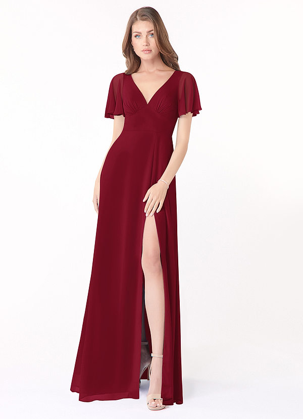 Azazie Kimber Bridesmaid Dresses Burgundy A-Line Flounce Sleeve Chiffon Dress image1