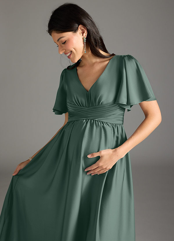 Azazie Verna Maternity Bridesmaid Dresses A-Line Ruched Stretch Satin Floor-Length Dress image1