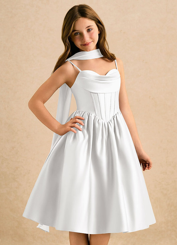 Azazie Shona Girls Formal Abiti da Ragazza di Fiori Abito A-Line in Raso Opaco Scollo a Cuore Bianco image1