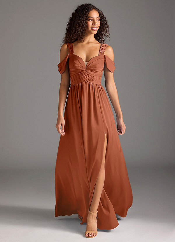 Azazie Lianne Bridesmaid Dresses Cedar Rose A-Line Off the Shoulder Stretch Satin Dress image1