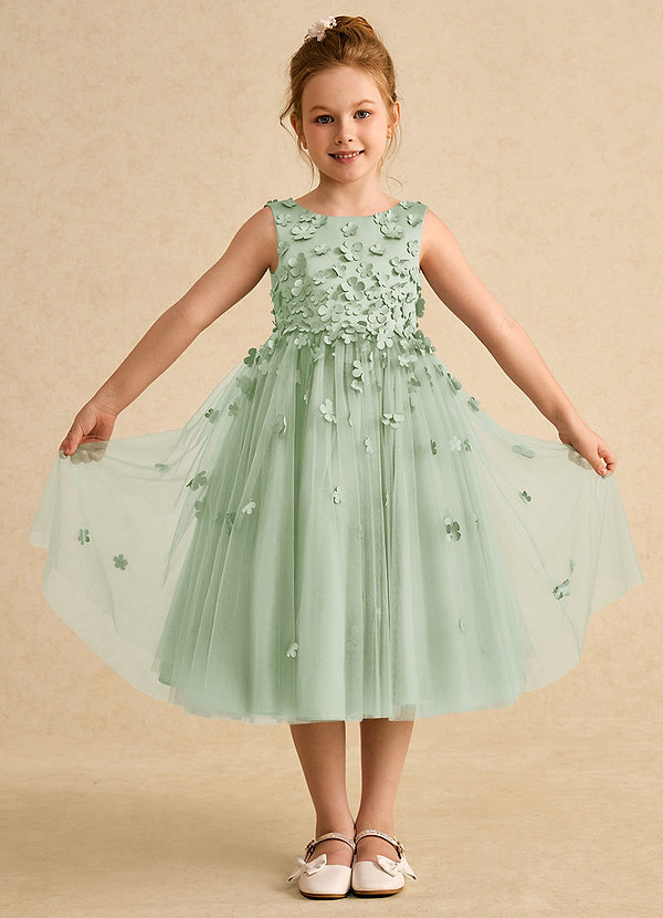 Azazie Lana Flower Girl Dresses Dusty Sage A-Line Sleeveless Matte Satin Dress image1