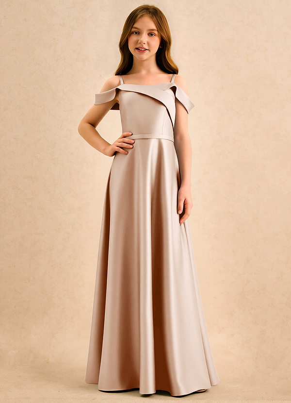 Azazie Jupie Girls Formal Sukienki dla dziewczynek sypiących kwiaty Linia A Pofałdowany Matowy satynowy Długość podłogi Sukienka image1