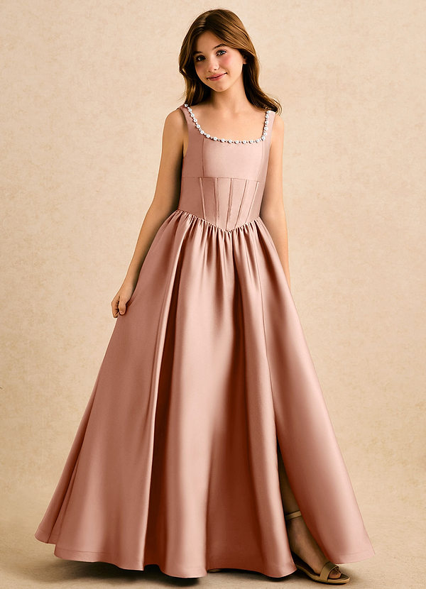 Azazie Enid Girls Formal Vestidos de Niña de Flores Vestido de Oro Rosa de Satén Elástico de Corte en A con Perla image1