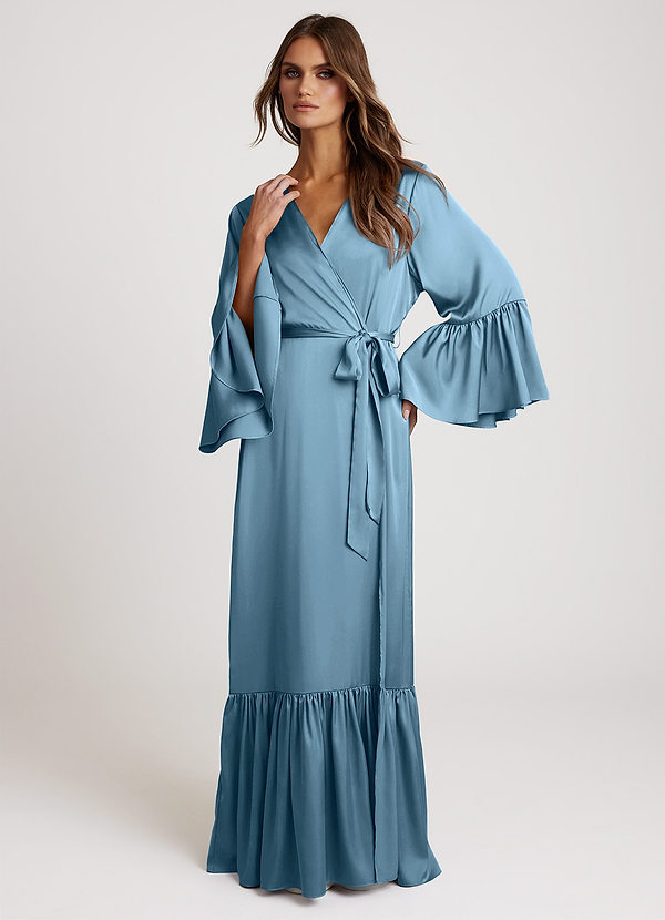 front Azul Acero Bata larga de novia con volantes