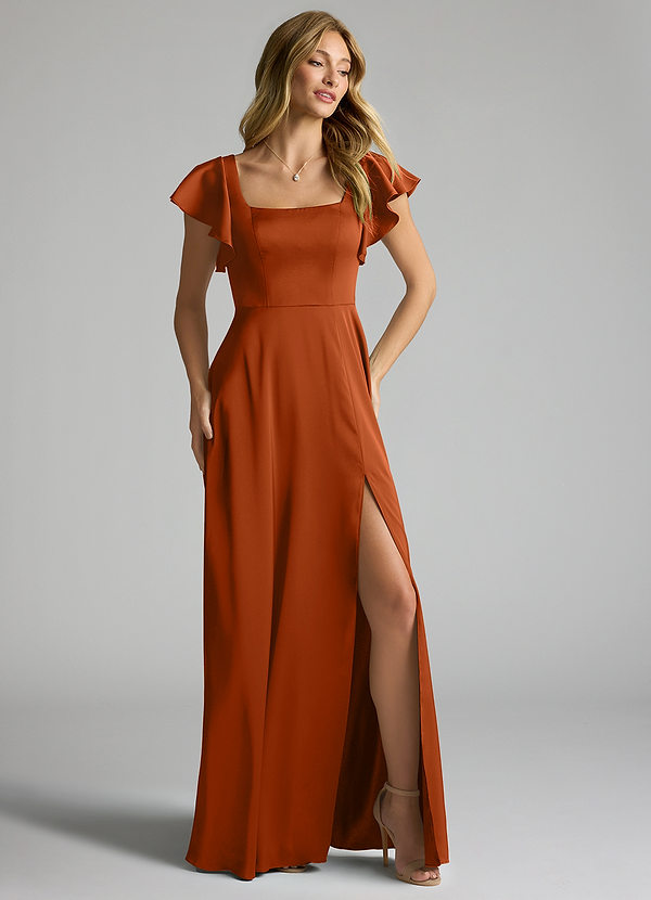 Azazie Bondi Bridesmaid Dresses Burnt Orange A-Line Bow Stretch Satin Dress image1