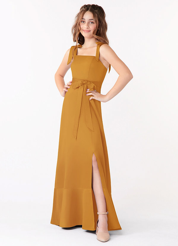 Azazie Barbara Junior Butterscotch A-Line Bow Matte Satin Dress image1