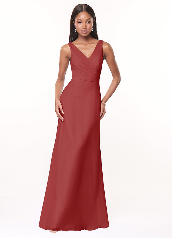 Azazie Nala Bridesmaid Dresses Rust A-Line Pleated Chiffon Dress image1