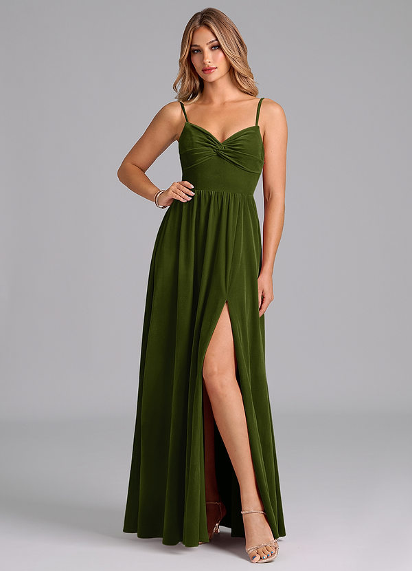 Azazie Zeya Bridesmaid Dresses Olive A-Line Pleated Velvet Dress image1