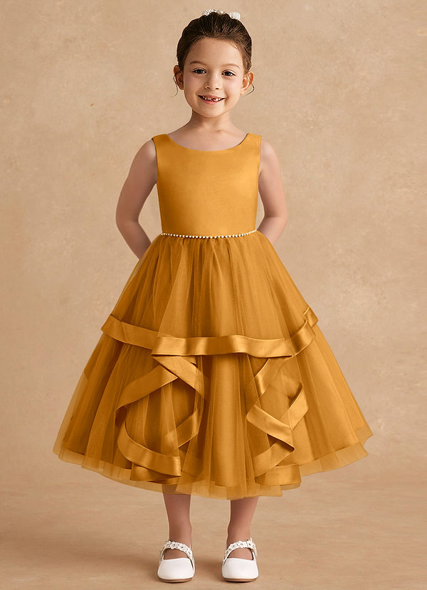 Azazie Posy Blumenkinder Kleider A-Linie Mit Perlen Tüll Kleid Butterscotch image1