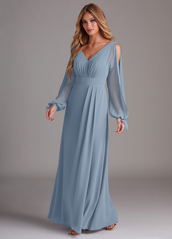 Azazie Matilda Bridesmaid Dresses Dusty Blue A-Line Long Sleeve Chiffon Dress image1