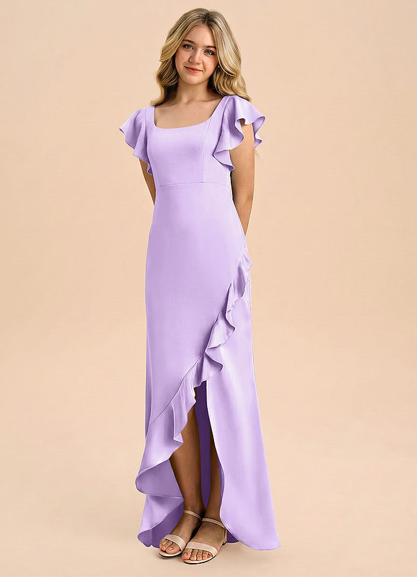 Azazie Demi Junior Lilac Mermaid Bow Stretch Satin Dress image1