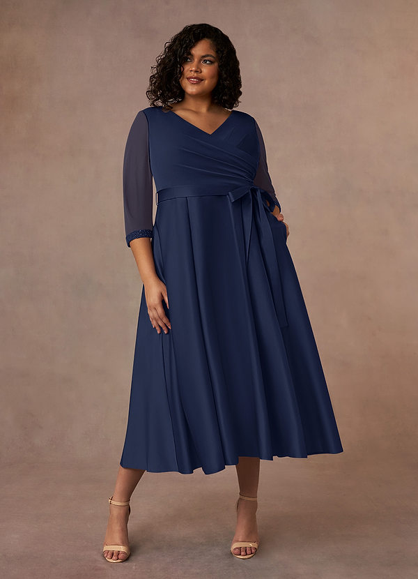 Azazie Maritza Mother of the Brides Dresses Dark Navy A-Line Pleated Matte Satin Dress image1