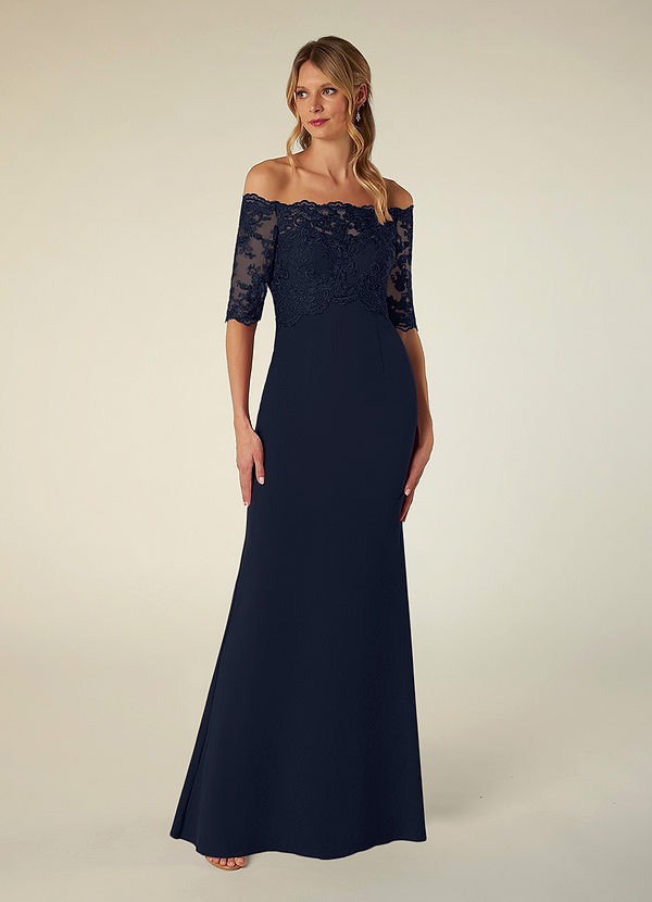 Azazie Jette Mother of the Brides Dresses Dark Navy Mermaid Off the Shoulder Lace Dress image1