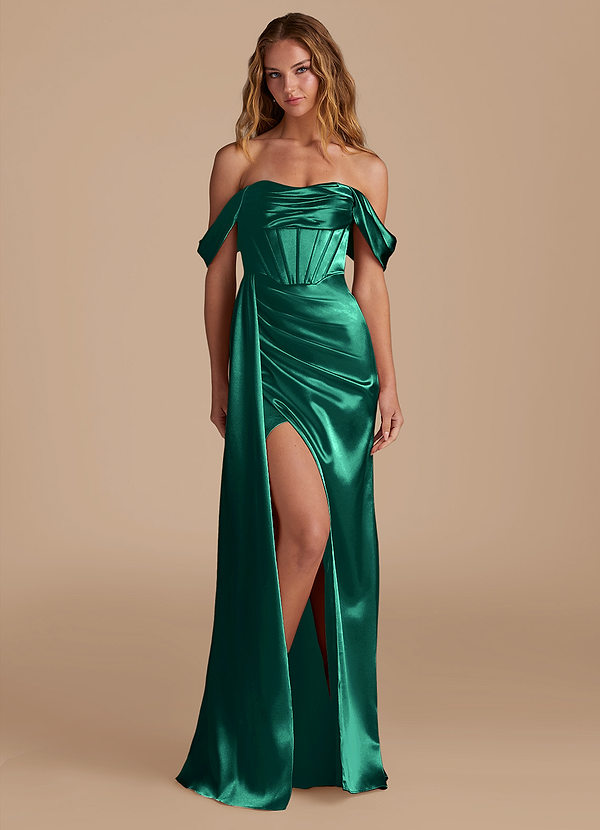 Azazie Amyra Bridesmaid Dresses Emerald Mermaid Sweetheart Neckline Metallic Satin Convertible Dress image1