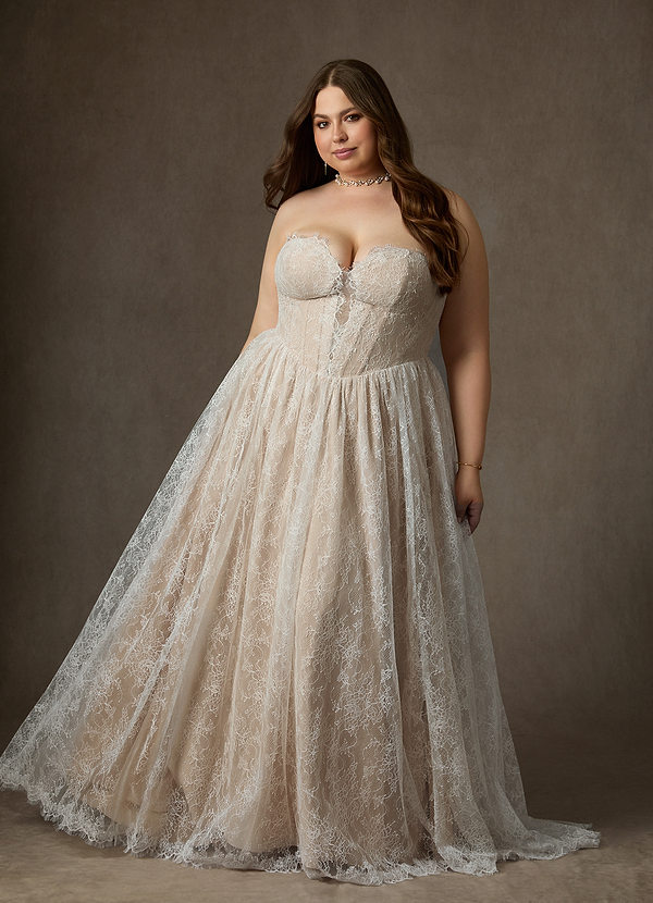 Azazie Lorena Wedding Dresses Diamond White Champagne A-Line Strapless Lace Dress image1