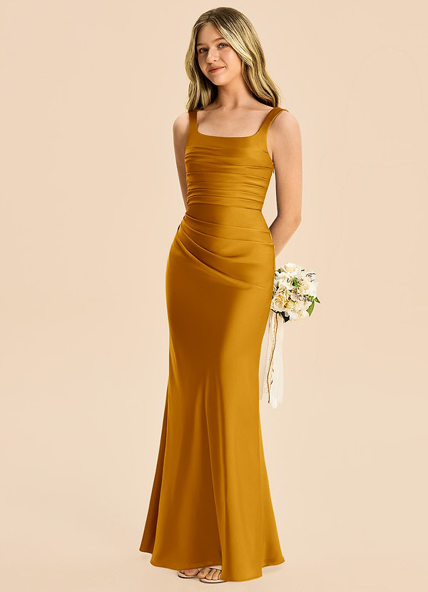 Azazie Agustina Junior Butterscotch Sheath Pleated Stretch Satin Dress image1
