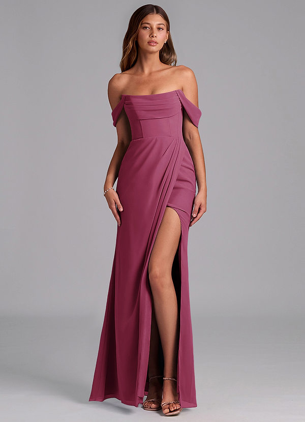 Azazie Johana Robes Demoiselle d'honneur Robe Sirène Convertible en Mousseline de soie Épaule décolletée Mûre image1