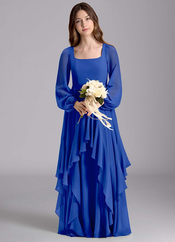 Azazie Clara Junior Robe Trapèze en Mousseline de soie Blouson Bleu Roi image1