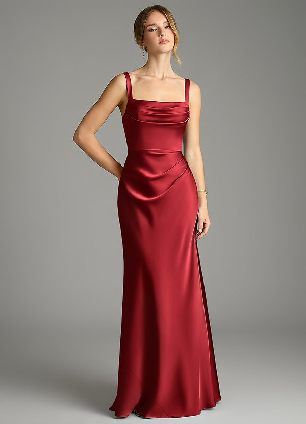 Azazie Alouette Bridesmaid Dresses Scarlet Mermaid Pleated Stretch Satin Dress image1